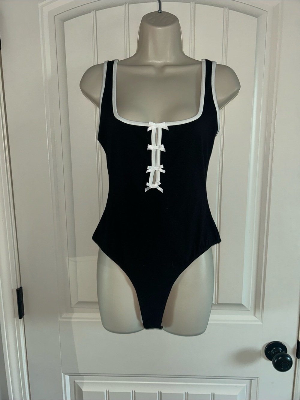 NEW Lush Black Bodysuit with White Trim and Bows Sz M